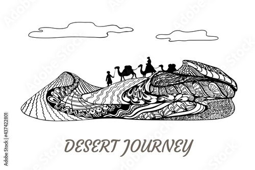 Obraz na plátně Desert journey, camels and cameleers walking on sand dune landscape