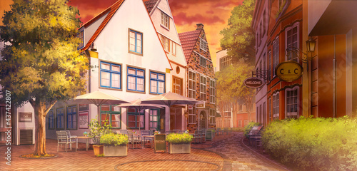 2D Illustration of Schnoor at the Everningtime, Anime background.	
 photo