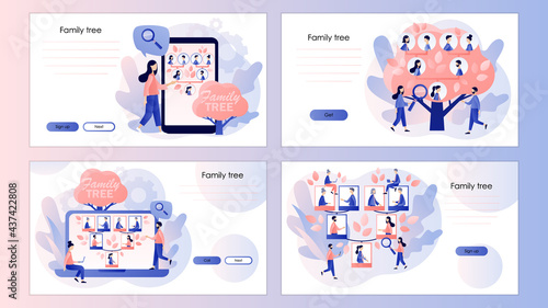 Family tree. Genealogy. Pedigree. Tiny people: grandparents, parents, children.  Screen template for landing page, template, ui, web, mobile app, poster, banner, flyer. Vector illustration