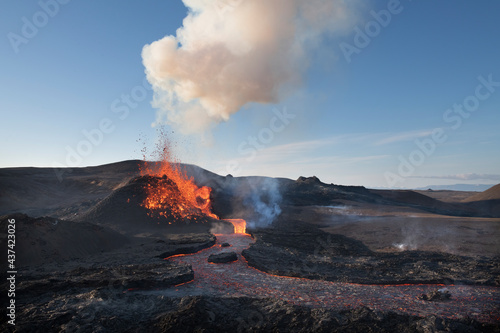 Reykjanes Peninsula, Iceland - May 4th 2021: Geldingadalir eruption and lava with plume of smoke photo