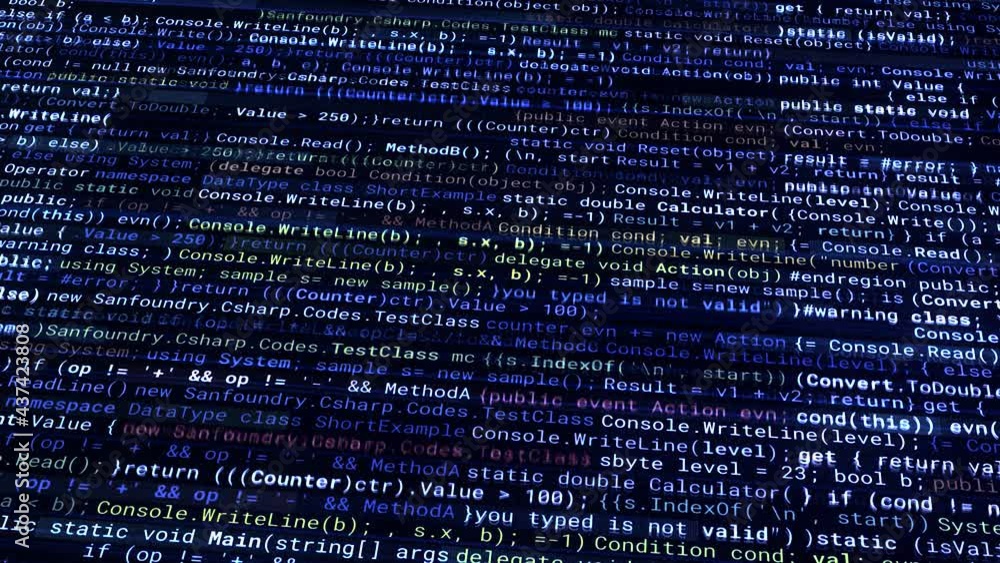 Abstract colorful blinking and changing lines of a programing code on a dark background background. Animation. Concept of artificial intelligence and computer science, seamless loop.