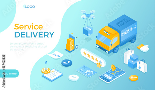 Delivery Service. Express delivery to home and office. Online tracking shipping order. Delivery truck, drone, mobile app, parcels. Isometric vector illustration for website.