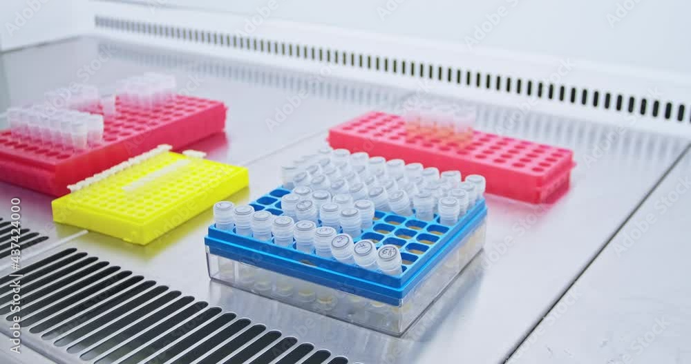 Scientist puts a small test tube with liquid in a laboratory tripod, work in a hospital laboratory close-up. Scientist puts a small test tube with liquid in a laboratory tripod, work in a hospital laboratory close-up.