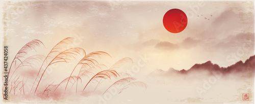 Landscape with grass on the wind, big red sun and distant mountains on vintage background. Traditional oriental ink painting sumi-e, u-sin, go-hua. Translation of hieroglyph - wind.