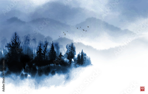 Misty island with forest trees and far mountains. Traditional oriental ink painting sumi-e, u-sin, go-hua. Translation of hieroglyph - zen.
