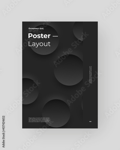 Abstract Placard, Poster, Flyer, Banner Design. Dark, black illustration on vertical A4 format. 3d geometric shapes. Decorative neumorphism circles backdrop.