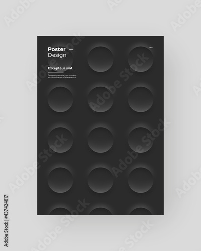Abstract Placard, Poster, Flyer, Banner Design. Colorful illustration on vertical A4 format. 3d geometric shapes. Decorative neumorphism circles backdrop.