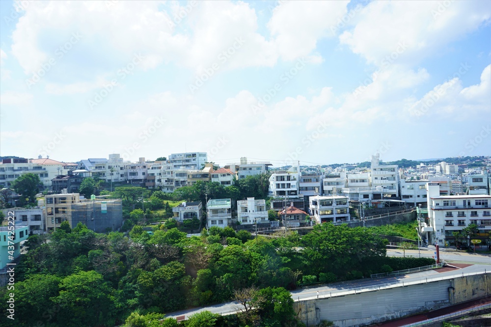 Aerial view of Naha city and sea shore in Okinawa, japan - 沖縄 那覇市の街並みと海
