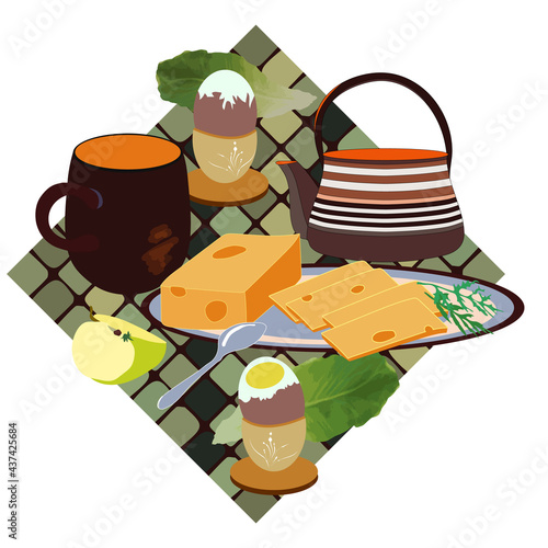 Vector spot illustration Healthy Breakfast Set, serving for one person, boiled eggs, leaves of Chinese cabbage, cheese, a quarter of apple, a mug and a teapot, for tea, coffee of cacao, low calories.