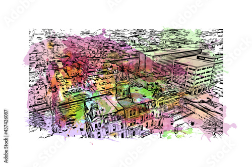 Building view with landmark of Fredericton is the 
city in Canada. Watercolor splash with hand drawn sketch illustration in vector.