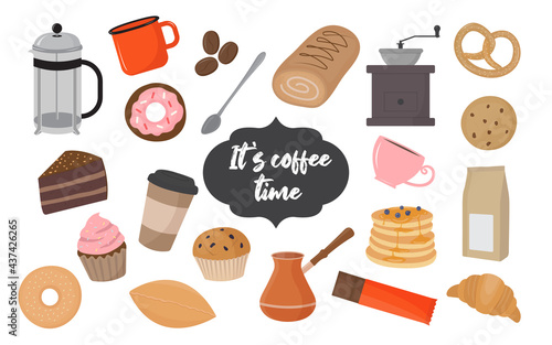 Coffee shop items vector illustration. Bakery products elements in flat style. Various pastry fast food icons. Barista set.