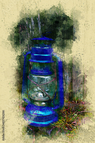 blue handheld lantern outdoors in watercolors photo