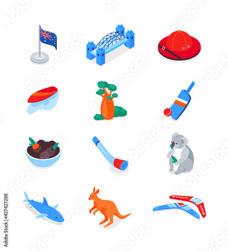 Australian symbols - modern colorful isometric icons set