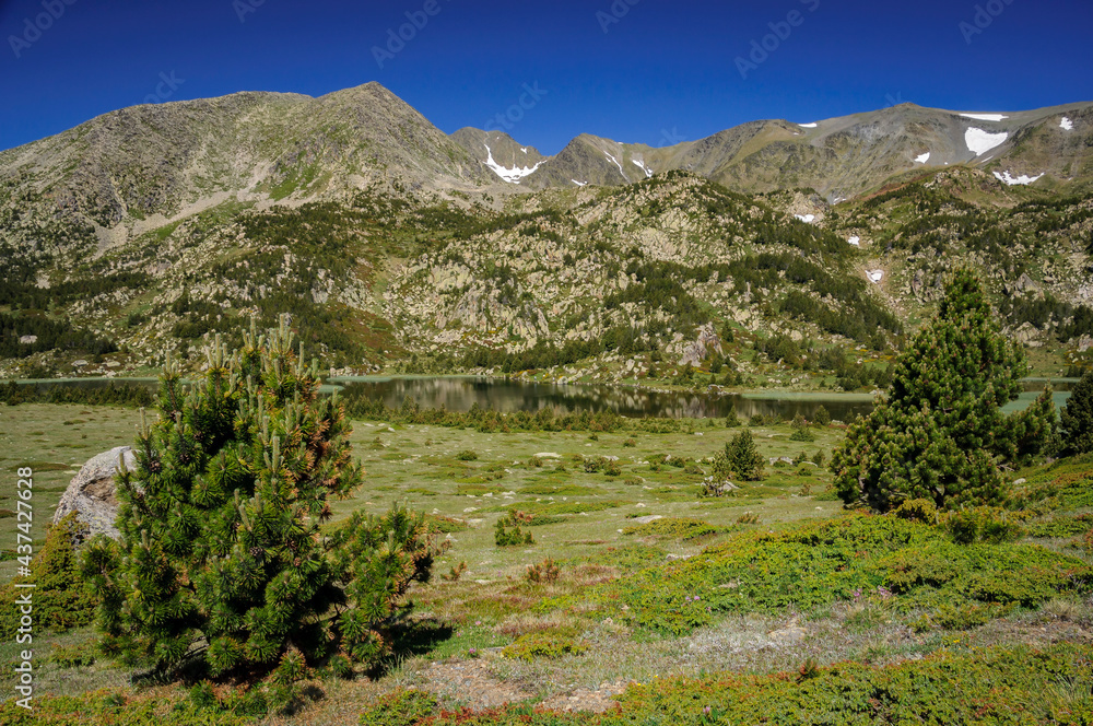 Carlit Lakes, Les Bouillouses, in summer. In the background, the Carlit summit (Pyrenees Orientales, France)