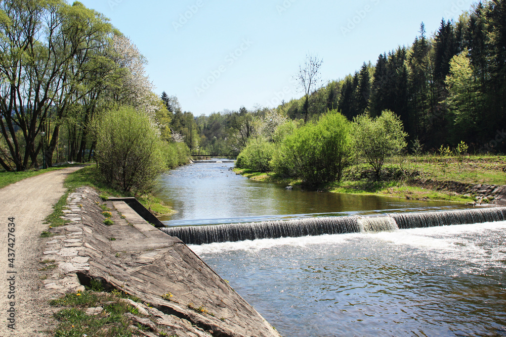 WISLA, POLAND - MAY 28, 2021: Wisla river in the city with the same name.