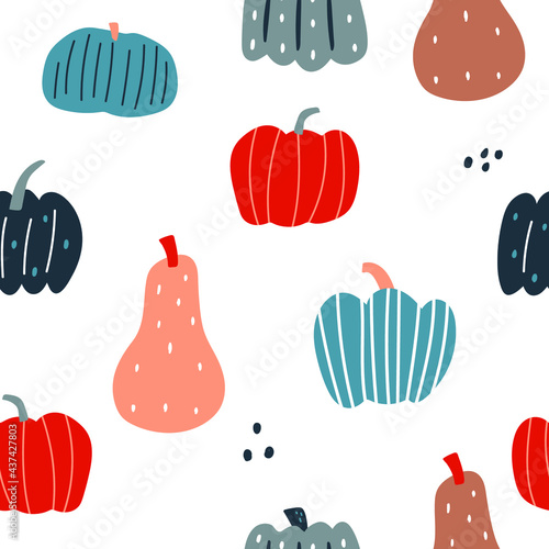 Seamless pattern with creative hand drawn pumpkins. Autumn texture great for wallpaper, packaging, textile, fabric. Vector illustration