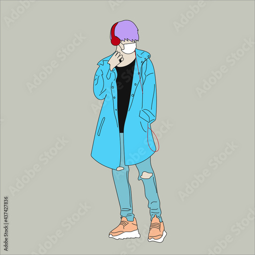 Vector illustration of Kpop street fashion. Street idols of Koreans. Kpop men's fashion idol. A guy in a blue jacket and jeans with headphones and a mask on his face.