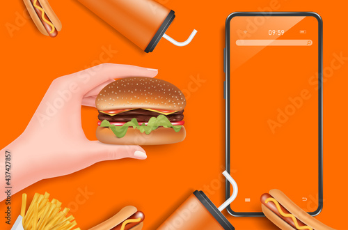 vector template for ordering food online on a smartphone application,hand holding a burger,cans of soft drinks, hot dogs, hamburgers, french fries placed on orange background,food delivery