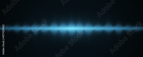 Sound light waves with halftone effect. Abstract background with glowing music equalizer for club party, pub, event dj or concert. Musical pulse and vibration on waveform. Vector illustration.