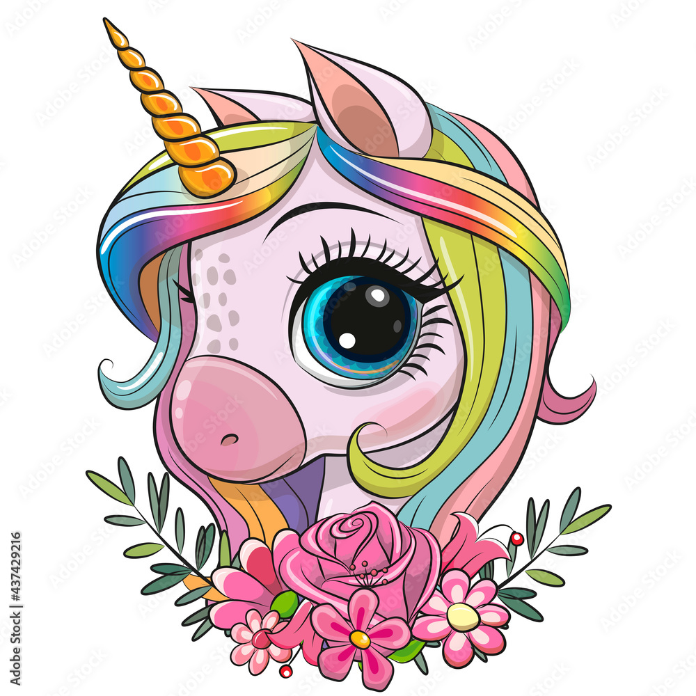 Fototapeta premium Unicorn with flowers on a white background