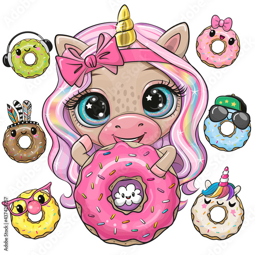 Cartoon Unicorn with long pink hair and donuts