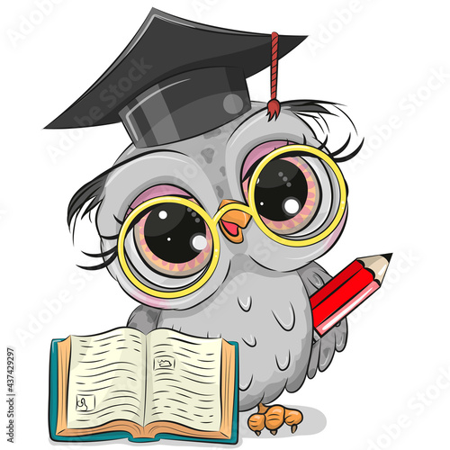 Clever owl with pencil, book and in graduation cap