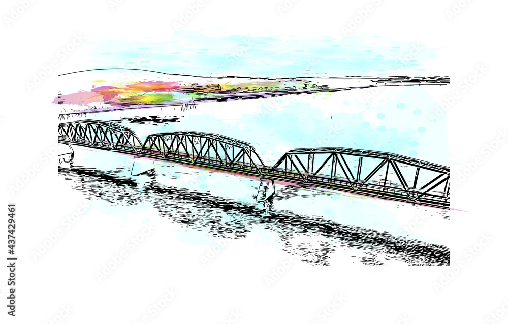 Building view with landmark of Fredericton is the
city in Canada. Watercolor splash with hand drawn sketch illustration in vector.