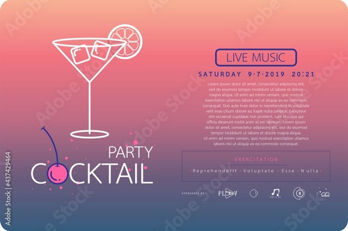 Night cocktail party poster template. Cocktail party invitation poster. Poster design with cocktail glass on gradient background.