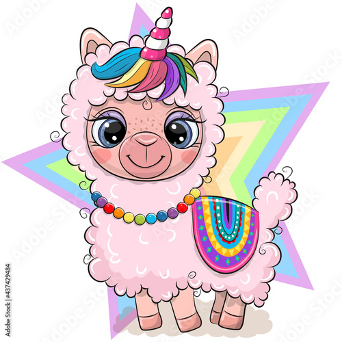 Alpaca with Unicorn horn isolated on a star background