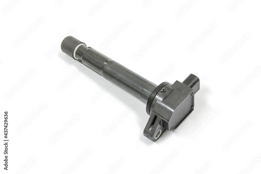 Ignition coil of car engine on white background, isolated, Car maintenance service. Ignition coil of car engine on white background, isolated, Car maintenance service.