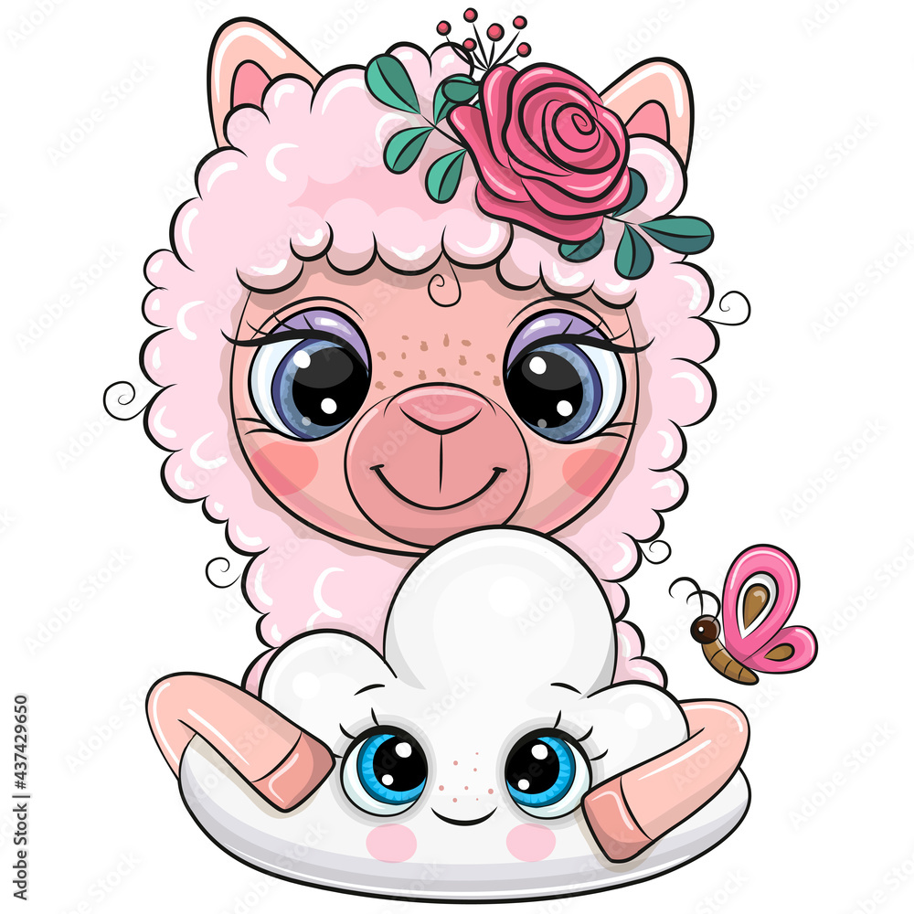 Fototapeta premium Cartoon Pink Alpaca with a flowers and cloud