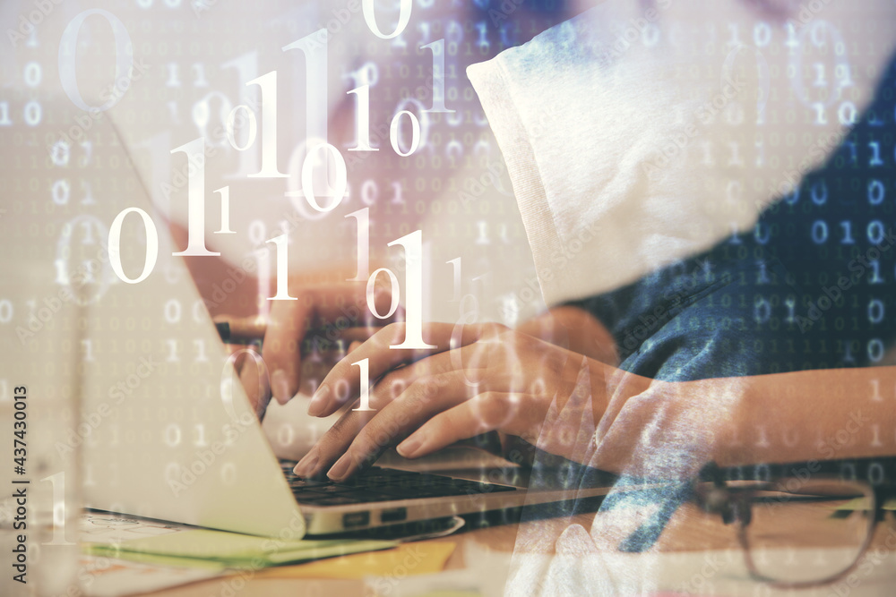 Multi exposure of woman hands working on computer and data theme hologram drawing. Tech concept. Multi exposure of woman hands working on computer and data theme hologram drawing. Tech concept.