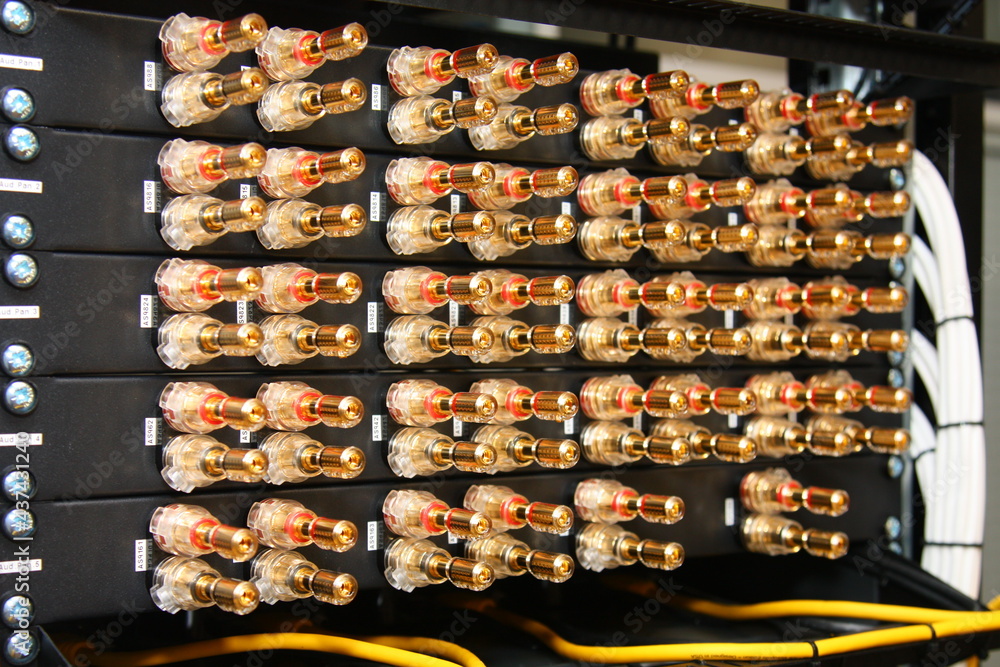 Low-current rack of electronic equipment for the Internet and multiroom. 
Connecting wires using connectors and jacks.