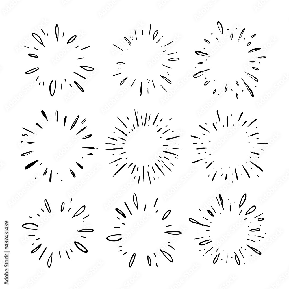 Star burst hand drawn doodles. Sunburst graphic design set. Handmade radial starburst illustrations. Star burst hand drawn doodles. Sunburst graphic design set. Handmade radial starburst illustrations.