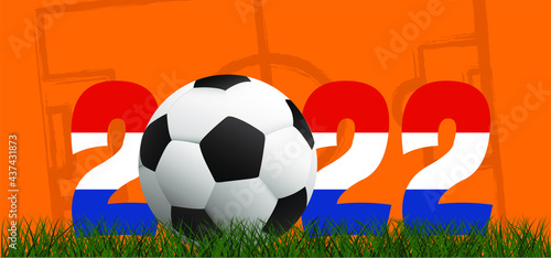 Happy New Year 2022 with football on green soccer grass field. Vector orange background banner Sport finale or school, sports game cup. Summer, spring time, Street ball games.