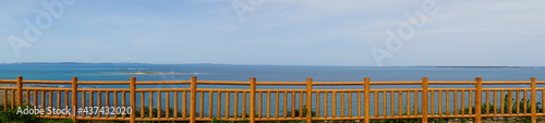Long fence at Cape Chinen Park in Okinawa, Japan. Panoramic view - 長いフェンス 沖縄 知念岬 公園 パノラマ