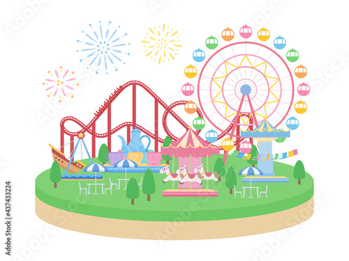 ヴィネット風_かわいい遊園地の島_イラスト素材_フラット