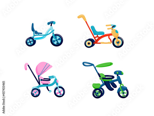 A set of bicycles and tricycles for children and youth. Bicycle icon. Tricycle icon. Kids toy. Isolated object in cartoon design on a white background. Vector illustration