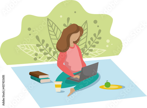 Woman with laptop sitting in nature and leaves. Concept illustration for working, freelancing, work from home. Vector image in flat cartoon style.