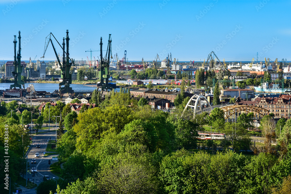 Panorama of the city of Gdansk, view of shipyards, Poland