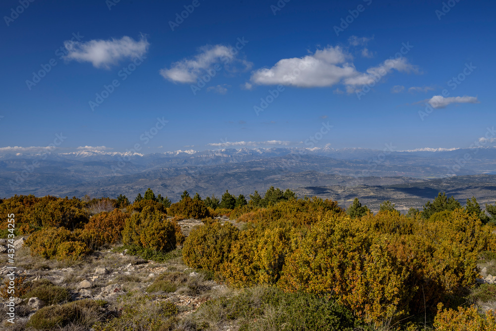 Pyrenees panoramic view from Coll d'Ares, in Montsec (Lleida province, Catalonia, Spain, Pyrenees)