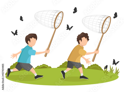 Cheerful children running around chasing butterflies