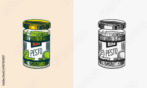 Pesto sauce in a jar. Glass bottle. Green vegetarian food. Engraved hand drawn sketch.