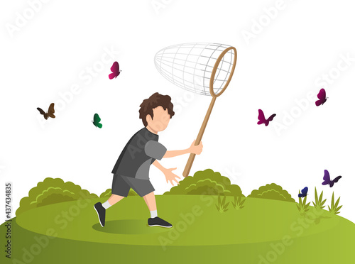 A child in a black shirt is sneaking around trying to catch a butterfly
