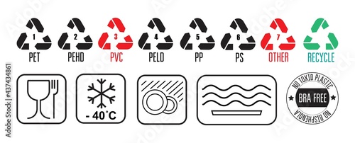 Food grade plastic labeling icons. Flat style illustration.