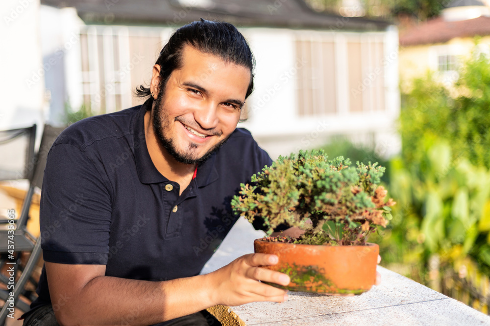 Young latino man taking care of a bonsai in a clay pot. Young latino man taking care of a bonsai in a clay pot.