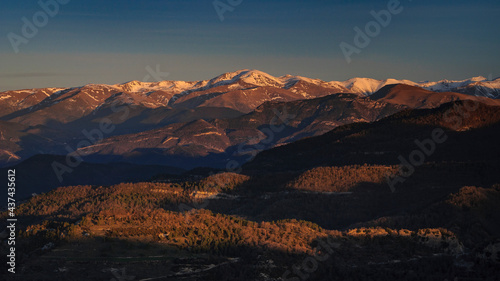 Sunrise in the Bellmunt viewpoint. Views of the Pyrenees and the Puigmal summit  Osona  Barcelona province  Catalonia  Spain  Pyrenees 