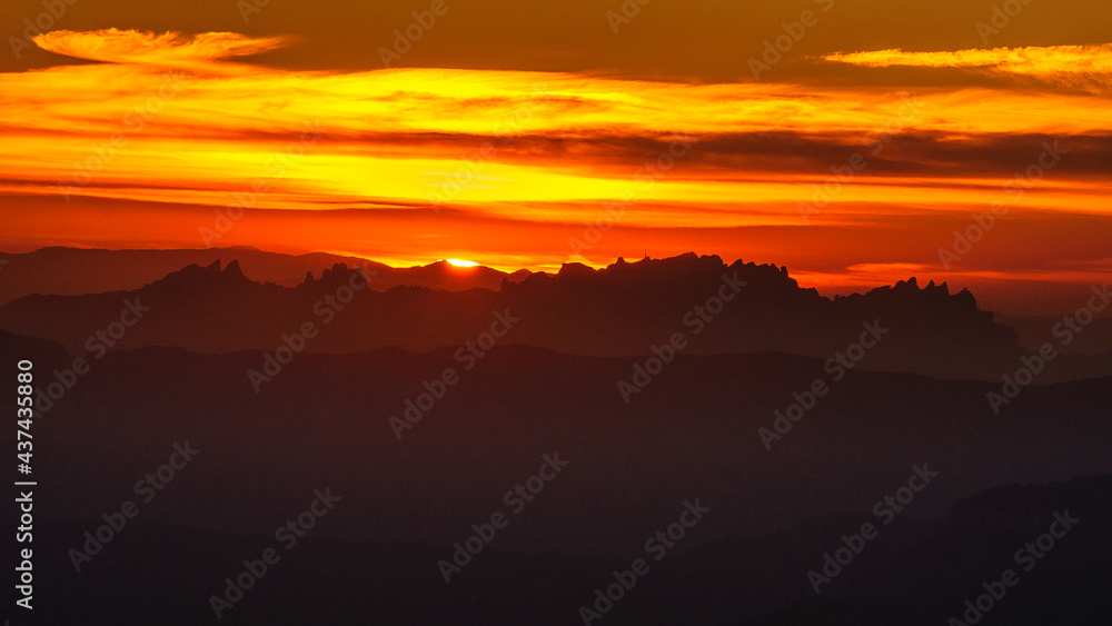 Sunset over Montserrat, seen from the Turó de l'Home summit (Montseny, Barcelona, Catalonia, Spain)