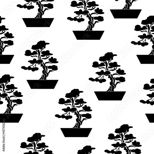 Silhouette bonsai seamless pattern, ornate tree in a pot on a white background