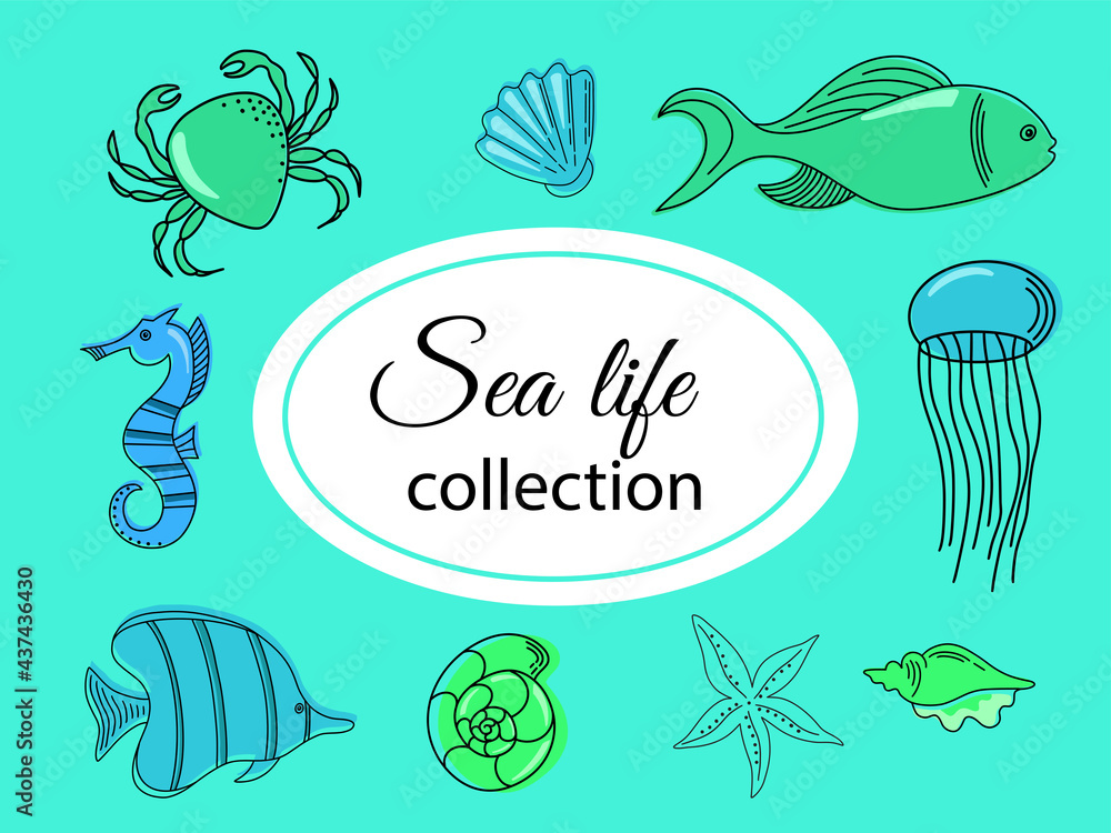 Colorful vector hand drawn doodle cartoon set of marine life theme elements. Symbols of sea animals